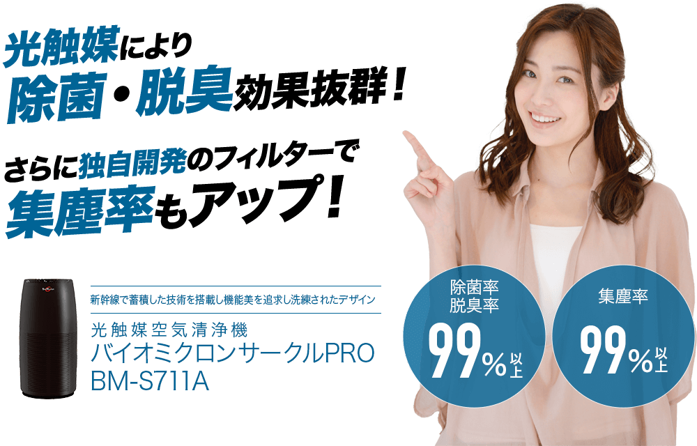 光触媒により除菌・脱臭効果抜群！さらに独自開発のフィルターで集塵率もアップ！ 光触媒空気清浄機 バイオミクロンサークルPRO BM-S711A
